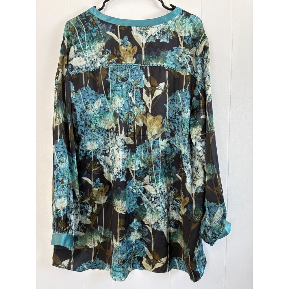 Soft Surroundings 100% Silk Floral Tunic Blouse Teal Blue Botanical‎ Boho 1X - Picture 2 of 10